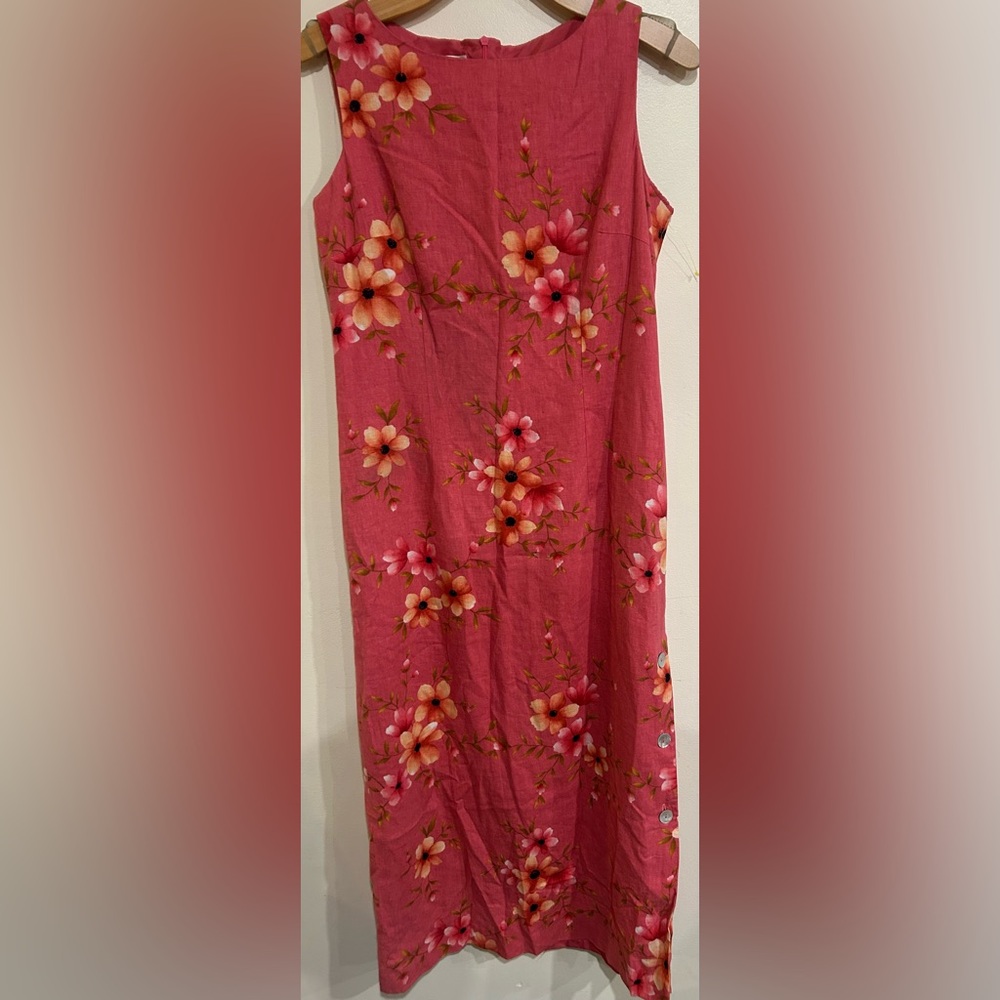 VTG Talbots Floral Maxi Dress Linen Blend Button Boho Size 6 Coastal